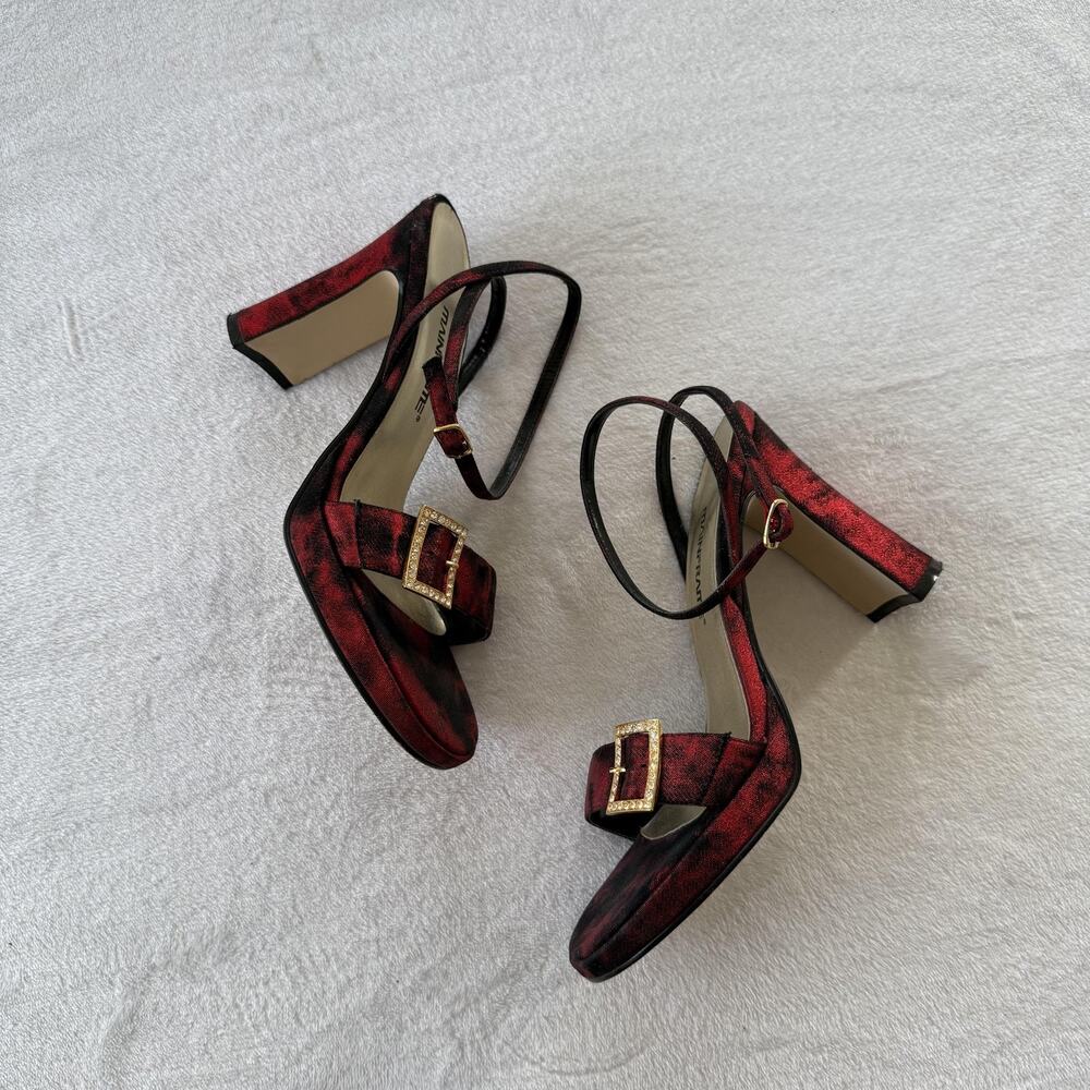 Mainframe Sandals Womens Size 8 Red Tie Dye Strappy Block Heel Rhinestone